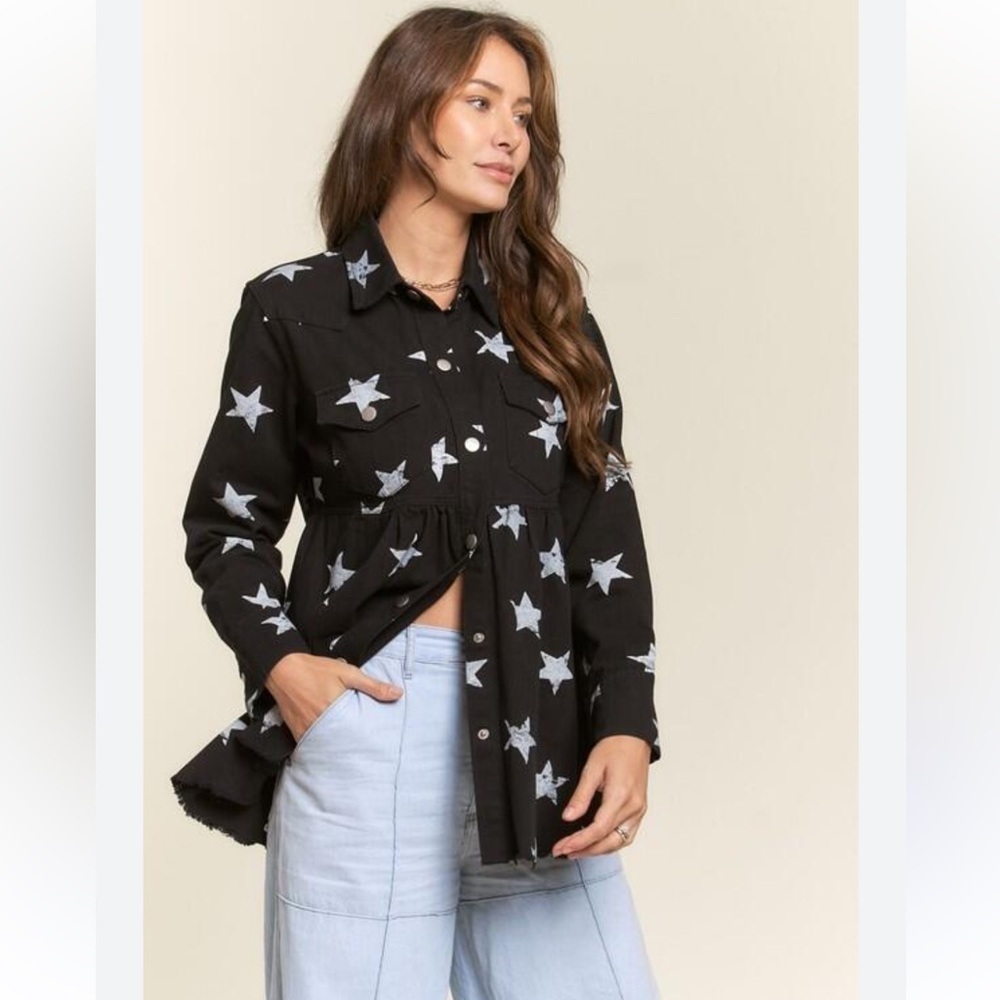 black denim distressed hem stars shirt jacket women’s size large